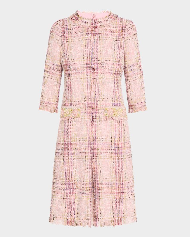 Beaded Fringe-Trim Plaid Tweed Midi Dress
